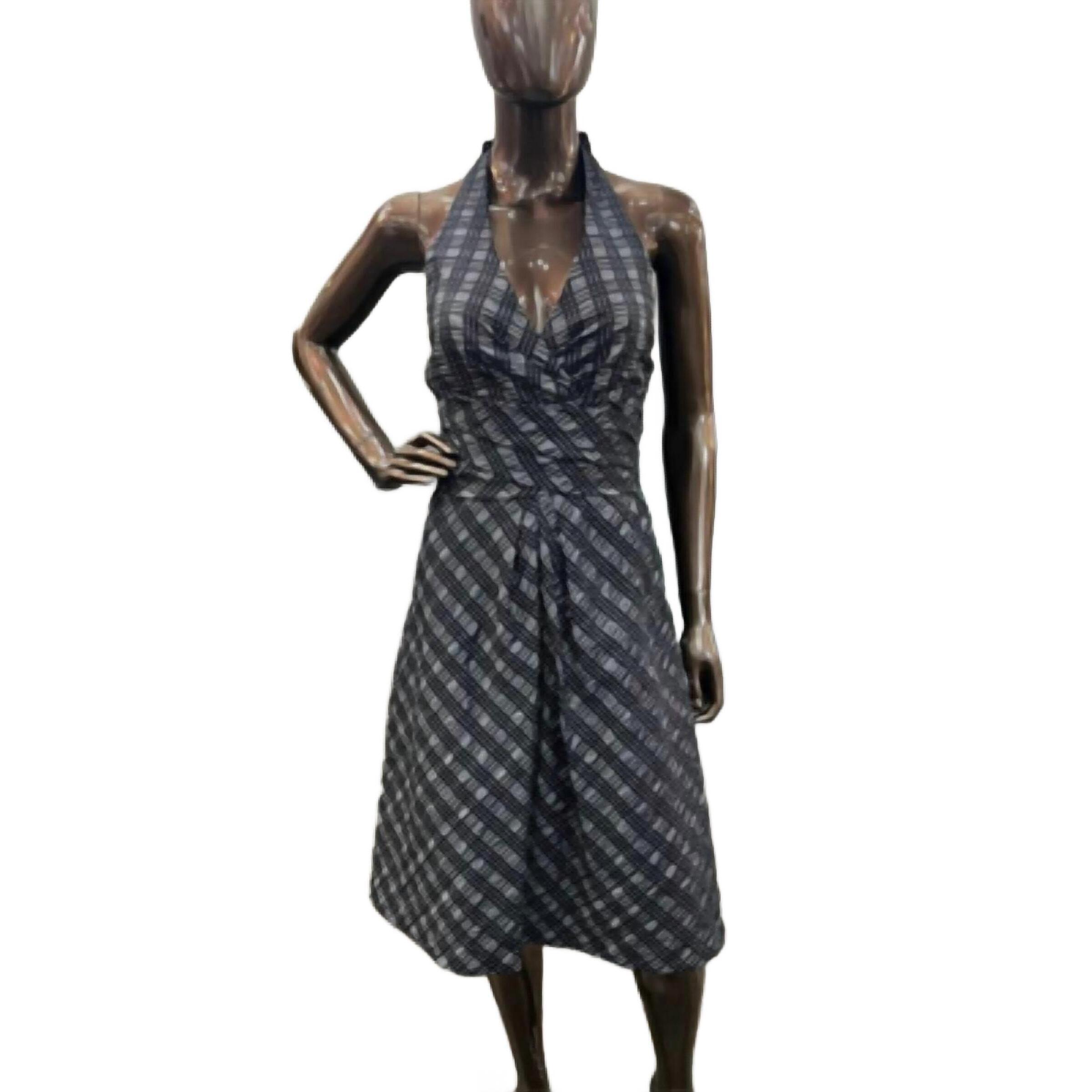New Donna Ricco Taffeta Plaid Halter Cocktail Dress In Grey/Black